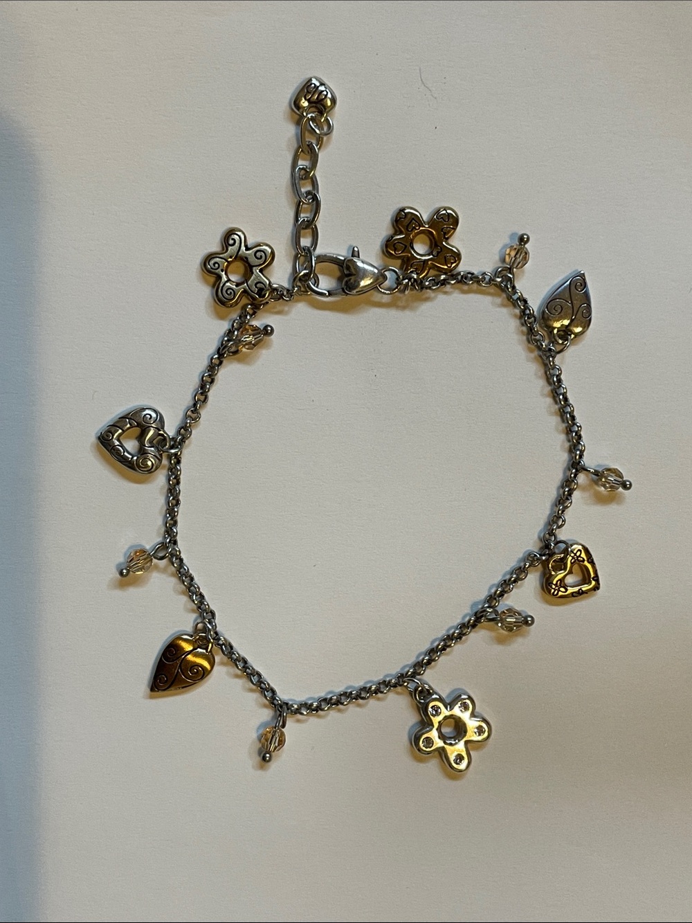 Brighton silver and Gold Heart & Flower Charm Bracelet EUC